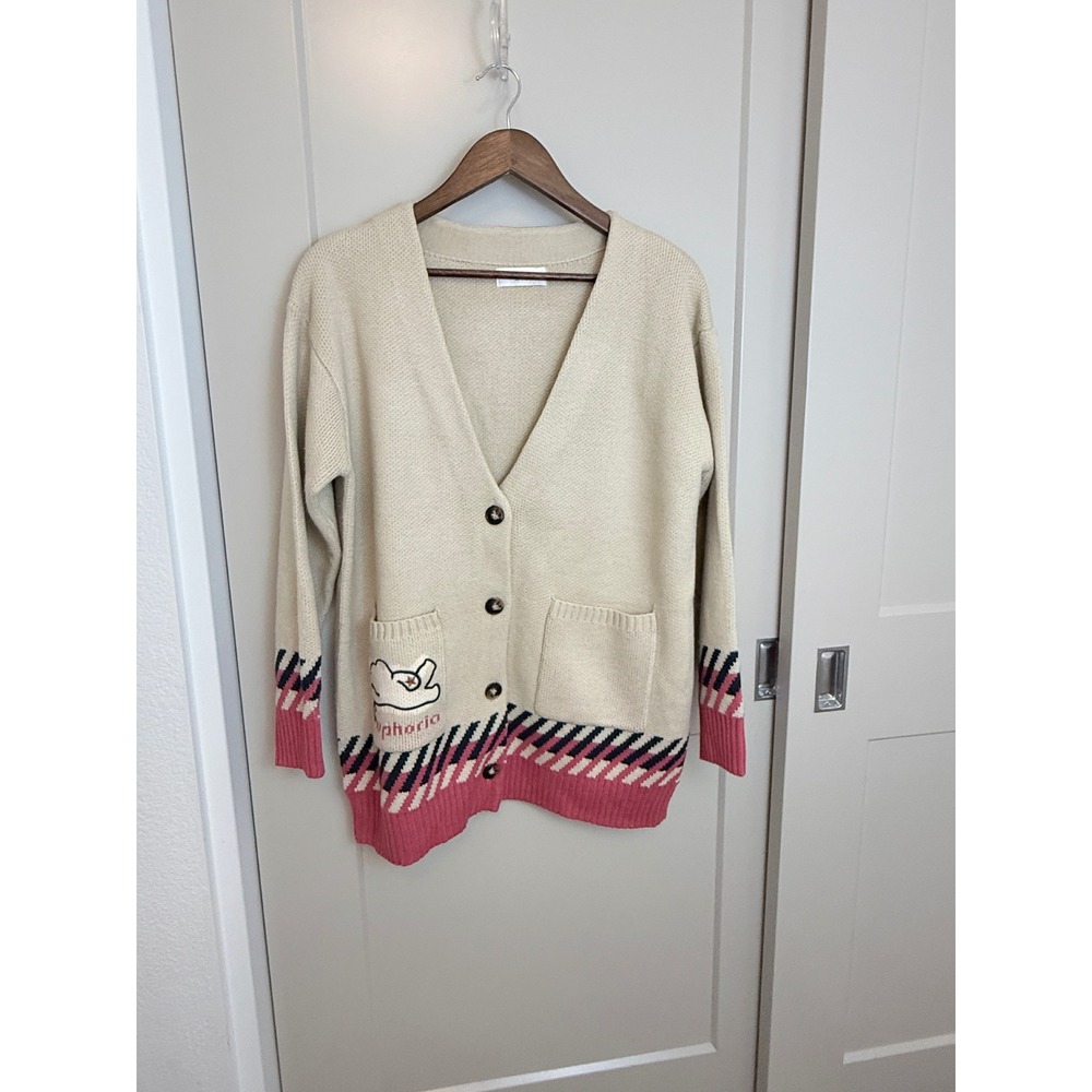EnC Beige Embroidered Cat "Euphoria" Cardigan‎ Sweater Size Medium
